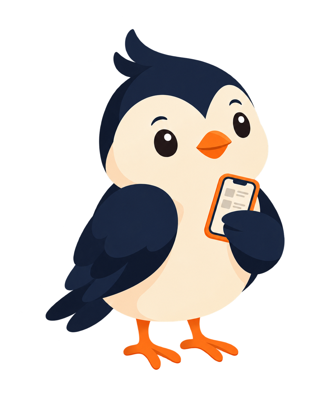 Sarika’s bird mascot holding a phone